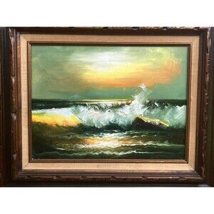 Vintage MCM Gorgeous Ocean Seascape Oil Painting 23 x 20 / Sun Ocean Waves Surf